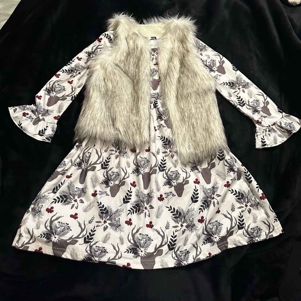 Girls Holiday Dress and Faux Fur Vest 10/12